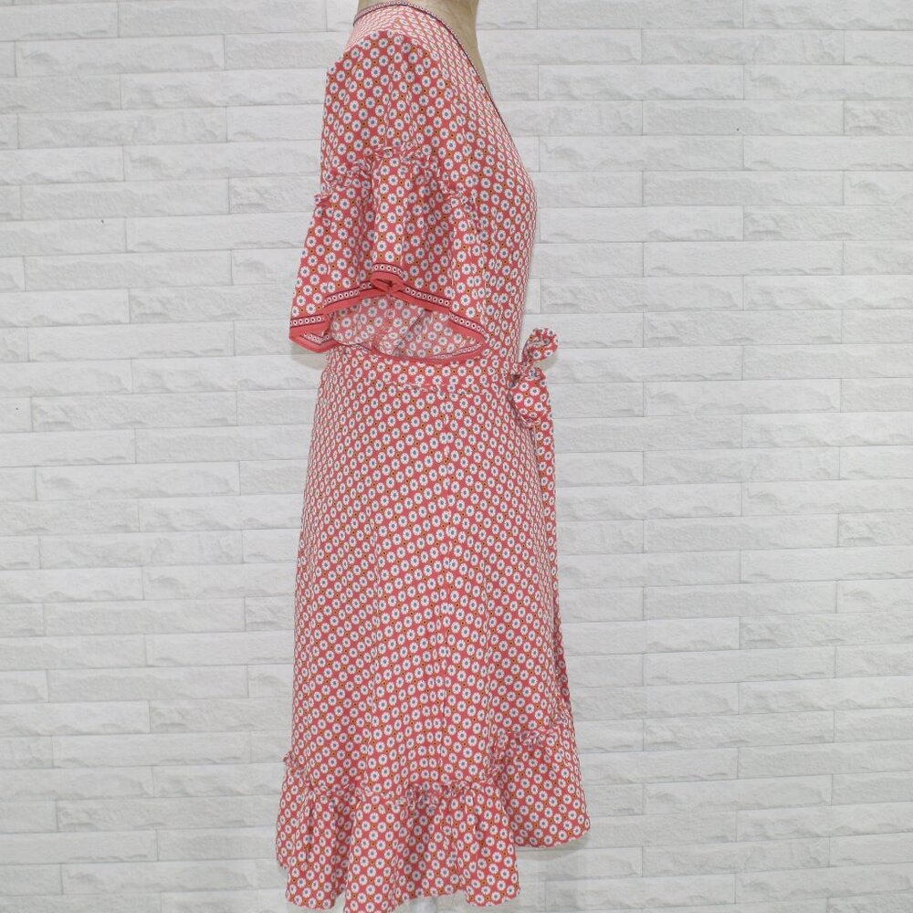 MAX STUDIO Dress Wrap Floral Abstract Daisy Retro Casual Ruffle Orange White L - Picture 4 of 17